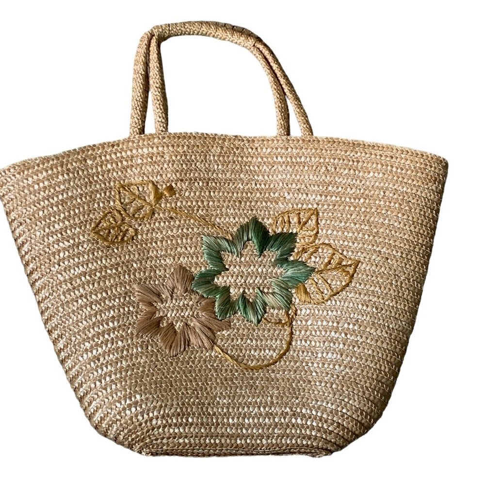 Straw Lined Beach Bucket Tote Bag Woven Flowers 172G